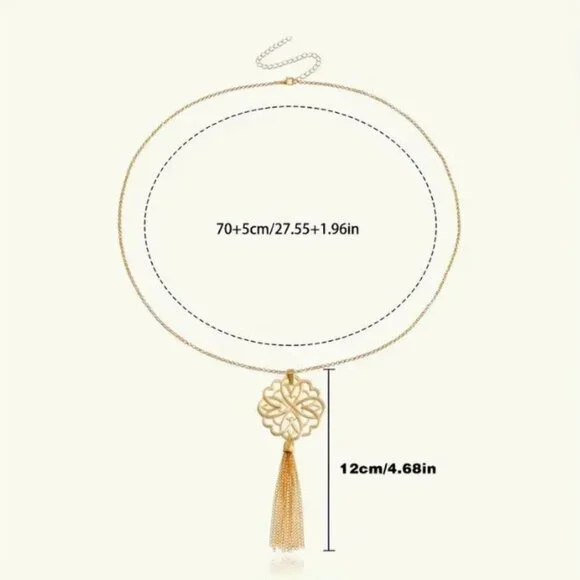 NEW Gold Lotus Flower Mandela Tassle Long Pendant Necklace - Picture 5 of 5